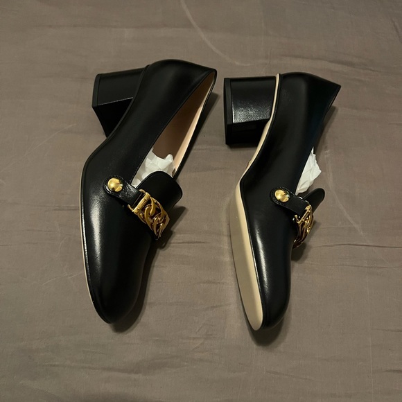 NEW GUCCI shoes heels pumps Black Leather Sylvie Web Stripe Chain Block Size 38 - Picture 8 of 11